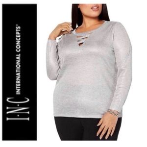 💛 INC Silver Crisscross V-neck Top Holiday Party Top NWT 4X